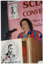 Coretta Scott King speaks at the SCLC/W.O.M.E.N. Luncheon held as part of the proceedings of the 39th Annual Southern Christian Leadership Conference Convention in Detroit, Michigan.