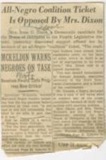 "All-Negro Coalition Ticket Is Opposed by Mrs. Dixon" article discussing Mrs. Irma G. Dixon's opposition of an all-Negro "coalition" ticket in The Sun. 1 page.