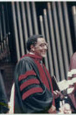 Joseph E. Lowery stands next to Dr. Hugh Gloster (at right) and an unidentified man during Morehouse College's commencement ceremony.