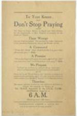 A flier on prayer meetings for local clubs with poem entitled "Don't Stop Praying". 2 pages.