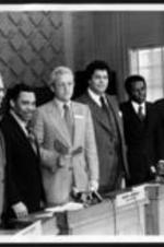 View of Maynard Jackson and other city mayors at a conference.