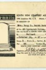 Cemetery record card from South View Cemetery in memory of Ruby Doris Smith. 1 page.