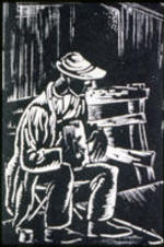A slide of Hale Woodruff's linocut print entitled "The Blind Musician."