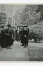 Written on verso: Clark College Commencement ca 1966, Faculty Line of March, front left, 1. Mrs Sarah Harris Cureton, front right, 1. Dr. Stella Brewer Brookes.