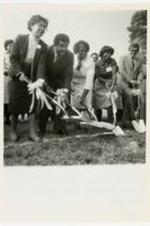 View of groundbreaking ceremony of the Living and Learning Center. Written on verso: Marian Wright Edelman, Donald Mitchell Stewart, Carmen Jordan-Cox, Gena Hudgins, John Lewis.