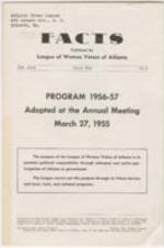 Program for 1956-1957, current agenda, and the national officers and board of directors 1956-1957 from the League of Women Voters of Georgia. 4 pages.
