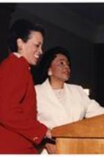Dr. Johnnetta Betsch Cole with Coretta Scott King at a press conference.