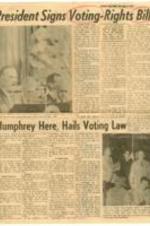 "President Signs Voting Rights Bill" article on President Johnson passing voting rights and how vice president Hubert Humphrey pledging to enforce the new bill.