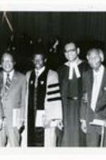 Written on verso: (L-R) Pres. Gloster, Dr. Ralph Abernathy, Dr. Lawrence Carter, Dr. Phillip Potter, Dr. Benjamin Mays, + Dr. William Howard. Dedication of W.P. Whalum Pipe Organ April, 1982.