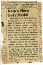 "Negro Hero Gets Medal" article about Sargent Arthur C. Dudley receiving a Distinguished Service Cross for the killing of Korean enemy soldiers.