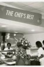 View of students in line at "The Chef's Best" stand in the dining hall of the Albert E. Manley College Center.