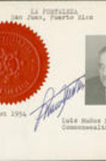 Portrait, Seal of Puerto Rico, and autograph of Luis Marin.