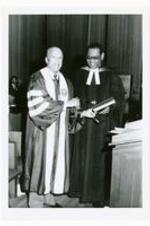 President Hugh Gloster with Dr. Phillip Potter. Written on verso: Pres. Gloster + Dr. Phillip Potter at dedication of W.P. Whalum Pipe Organ April, 1982.