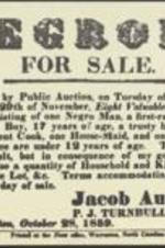 A notice by Jacob August Jr. advertising a public auction of slaves with auctioneer P.J. Turnbull to be held on November 29, 1859.
