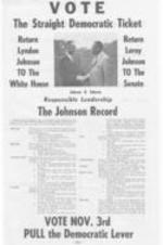 A campaign flyer for Leroy Johnson's 1964 campaign for Georgia State Senate, encouraging readers to "vote the straight Democratic ticket" for both Leroy Johnson and incumbent president Lyndon Johnson.