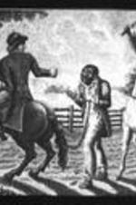 Drawing of a slave being pulled by a rope and whipped by men on horses.