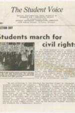 This document covers the widespread civil rights demonstrations on Election Day, organized by students across the United States. The primary objective was to raise awareness about the urgent need for adequate civil rights guarantees. Hundreds of sign-carrying students participated in the Chicago demonstration, which reminded both political parties about the importance of racial equality. The protests were initiated in response to a call from the Atlanta conference of student sit-in leaders, sponsored by the Student Nonviolent Coordinating Committee. Students marched in various cities, including New York, San Francisco, Washington D.C., and Pittsburgh, demanding executive orders to support embattled African Americans, end discrimination in federally supported housing, and ensure the right to vote for all citizens. The demonstrations highlighted that the fight for civil rights transcends party lines, and students emphasized their commitment to the year-round battle against racial discrimination. The text emphasizes the significance of these demonstrations, showcasing the immense support for the civil rights movement among Northern students, and emphasizes the need for continuous and coordinated activism to achieve lasting change. 4 pages.