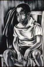 A slide of an oil painting done by Hale Woodruff entitled either "Little Boy" or "Negro Boy."