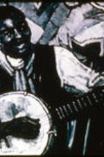 A slide of an oil painting done by Hale Woodruff entitled "The Banjo Player."