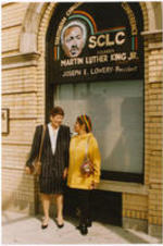 Evelyn G. Lowery and actor Ruby Dee stand outside of the national headquarters building for the Southern Christian Leadership Conference in Atlanta, Georgia. See a related photo on page 61 of the January-February 1992 SCLC Magazine: http://hdl.handle.net/20.500.12322/auc.199:07046.