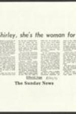 "Carter: Shirley, She's the Woman for President" article detailing Ms. Chisholm's bid for the White House in The Sunday News. 1 page.