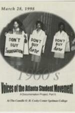The "Voices Of The Atlanta Student Movement" was a program that collaborated with the Robert H. Brisbane Institute to help preserve the legacy of the Student Movement at the Atlanta University Center. They abided by a three-point approach: the "Archival", the "Educational, and the "Commemorative". This booklet states to an archival special event held on the campus of Spelman College. Featured figures were Ruby Doris Smith. 10 pages.