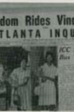 "Freedom Rides Vindicated, ICC Rules on Bus Terminals" article in the Atlanta Inquirer about a ruling on the Interstate Commerce Commission prohibiting discrimination on interstate buses and terminal facilities. 1 page.