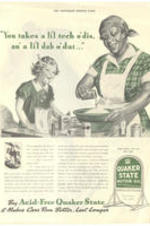 Image of Aunt Jemima cooling with a White child in a motor oil advertisement.