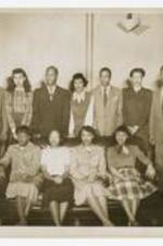 Written on verso: CC Alpha Kappa Delta National Sociological Fraternity, 'Alpha of Georgia Chapter', standing, Left to right, 1. Dr. William Hale - Advisor, 2. Myrtha Williams - class of '51, 3. Moses Faison - class of '51, 4. Juanita Marshal, 5. Averett Burress, 6. Alma Bryant - class of '51, 7. William Stanley - class of '51, Seated - Left to Right, 1. Annie Barton - class of '51, 2. Ethel Watkins - class of '51, 3. Avis Carrer - class of '52, Eula Jones - class of '51.