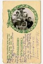 Christmas Greetings card from Mary Louise and Storrs Lee Family. Written on recto: Middlebury Memories. Mickey followed his father's "trick" to Middlebury. Following his dad's death, he has been elected as a "life" trustee of the college. Son of Middlebury's first black grads. Mary Louise and Storrs Lee 2514 Cedar Street, Berkeley 8, California. Summer: Box 68, Pemaquid Point, Maine. Written on verso: Now the total is six and we've joined the league of grandparents. Storrs. Channie's friend during Middlebury days (later became Dean), Kept in touch with Chandler even in retirement.