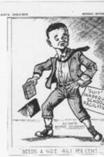 These are three political cartoons by Maurice Pennington about segregation and the civil rights protest. The first picture, "Needs A Size 45.1 percent", depicts an Atlanta Black student with a sign attached to his leg saying, " 'Suit' of Inadequate School Facilities". The second picture, "Fire Fighter?", shows a fireman with a label saying, "Some of Us",  trying to out a house fire with gasoline. The gas pump is saying, "Gasoline. Pump of 'Still Buying' ", while simultaneously two students (one woman and one man) are putting out the fire with water and attached to them is a sign saying, "Students". Lastly, the third picture, "It's All Right to Seat Them. They're Not Americans",  illustrates a hostess uncertain about seating two patrons of color and her manager explaining it's all right to seat them. 3 pages.