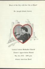 The event program for Central United Methodist Church's Pastor's Appreciation Dinner held on May 24, 1974 at the Atlanta American Motor Hotel in Atlanta, Georgia. 4 pages.