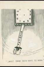 A clock pendulum with a white man and an African American man's face on opposite sides symbolizing patience swings back and forth.