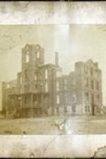 A burned Chrisman Hall, possibly on the Gammon campus. Written on recto: Chrisman Hall, burned April 14, '92.