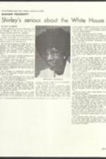 "Shirley Serious About the White House" article on The Washington Daily News detailing Ms. Chisholm's bid for the White House. 1 page.