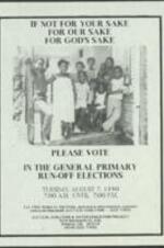 Flyer depicting children on a porch asking people to vote in the general primary run off elections. 1 page.