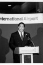 Maynard Jackson speaks at the Atlanta International Airport.