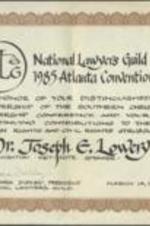 An award presented to Joseph E. Lowery to recognize his leadership of the Southern Christian Leadership Conference. The award was given by the National Lawyers Guild at their 1985 convention in Atlanta, Georgia. 1 page.