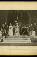Atlanta University seniors in Shakespeare's "The Merchant of Venice." J. H. Butler (left front seated), Will Andrews (behind him), A. S. Dill (on stone at right), T. K. Gibson (standing on steps), and Fannie M. Howard (center).