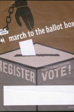 Urban League poster depicting a hand breaking free of chains voting. Written on recto: Urban League march to the ballot box. Register. First class citizens vote!