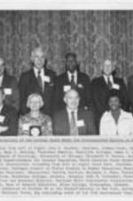 Benjamin E. Mays and other recipients of the College Board Medal for Distinguished Service to Education. Written on recto: Recipients of the College Board Medal for Distinguished Service to Education: (seated from left to right) John W. Gardner, Chairman, Common Cause, Washington, D.C.; Mary I. Bunting, President Emerita, Radcliffe College; James S. Coleman, Professor pf Sociology, University of Chicago; Elizabeth D. Koontz, Assistant State Superintendent for Teacher Education, North Carolina State Department of Public Instruction; (standing from left to right) Clark Kerr, Chairman and Staff Director, Carnegie Council on Policy Studies in Higher Education; Henry Chauncey, former President, Educational Testing Service; Benjamin E. Mays, President Emeritus, Morehouse College, Atlanta, Georgia; John M. Stalnaker, President Emeritus and Honorary Director, National Merit Scholarship Corporation; John U. Monro, Dean of General Education, Miles College, Birmingham, Alabama. The Medals were presented on October 26 at the Waldorf-Astoria in New York, during the Board's 1976 National Frum, the concluding event of its 75th Anniversary Year.