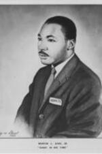 A charcoal drawing of Martin Luther King, Jr. by artist George Stewart. Written on verso: Title: A Giant In His Time; Artist: George Stewart; Medium: Charcoal; In this study George wanted to give people an image of a relaxed and serene King full of peace and harmony.