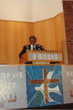 Joseph E. Lowery is shown speaking at an unknown event in Cape Town, South Africa.