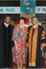 Joseph and Evelyn Lowery are shown posing with Dr. Tyrone Pitts, Dr. R.E. Cooper, Jr, Dr. Baltron Bethel, and an unidentified woman in Mission Bay Baptist Church.