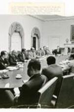 President Hugh Gloster with President Richard Nixon and HBCU Presidents. Written on verso: President Richard Nixon confers with Black College Presidents following shooting of students at Jackson Stage College, May, 1970. Morehouse College President Hugh M. Gloster sixth from left.