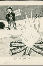 A young man labeled "Negro Pupils" stands freezing in the snow in tattered clothes chained to a ball marked "Segregation". Just out of reach is a fire burning with fuel logs labeled as "Transportation", "Trade and Industrial Training", "Libraries", "County Funds", and Maintenance". Written on recto: "Held Back".