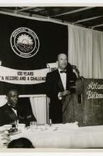 Written on verso: President Elect Gloster speaking during Centennial Banquet of Morehouse College at Biltmore Hotel in Atlanta on February 17, 1967 Dr. Howard Thurman seated at left.