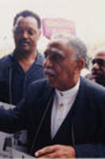 Joseph E. Lowery is shown alongside Jesse Jackson at a Covington Pike Toyota strike in Memphis, Tennessee.
