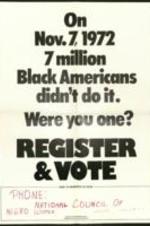 National Council of Negro Women "Register &amp; Vote" poster stating Black American non-voting numbers. 1 page.