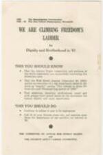 This document succinctly outlines key historical events in the fight for civil rights: the Emancipation Proclamation of 1863 and the Non-Violent Desegregation Movement from 1960 to 1961. It highlights the ongoing success of the boycott in the Atlanta Negro community, leading to decreased sales in downtown stores. Quoting a department store executive's statement about declining sales, the document emphasizes the impact of the boycott. It underscores the collaborative efforts of various groups, including ministers, churches, and social organizations, in advocating for human dignity and equal opportunity. The document urges readers to continue the boycott, refuse to support segregation, and actively spread awareness among their friends. Issued by the Committee on Appeal for Human Rights and the Student-Adult Liaison Committee. 1 page.